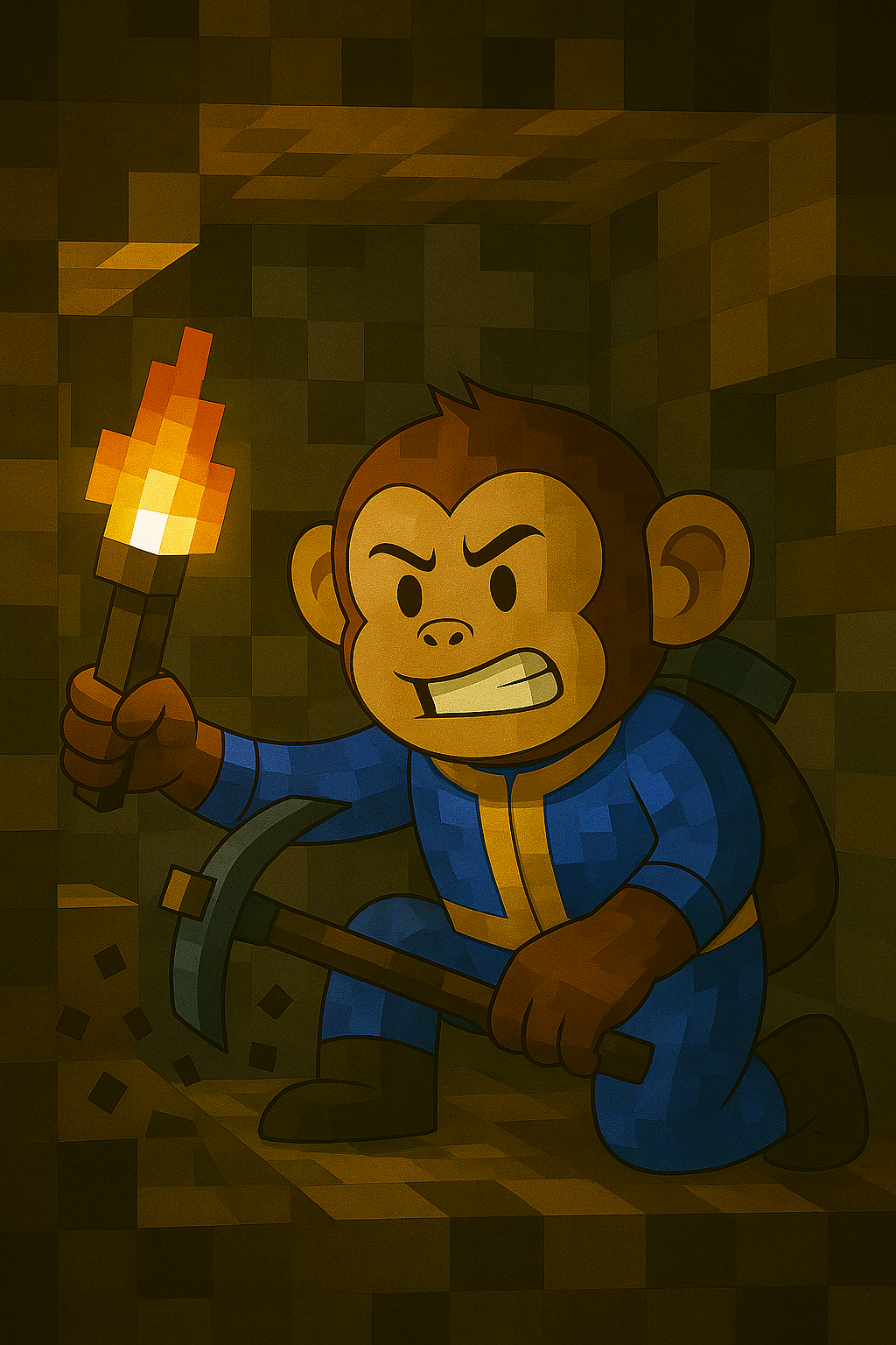 Darian, singe mineur, creusant avec une pioche à la lumière d’une torche