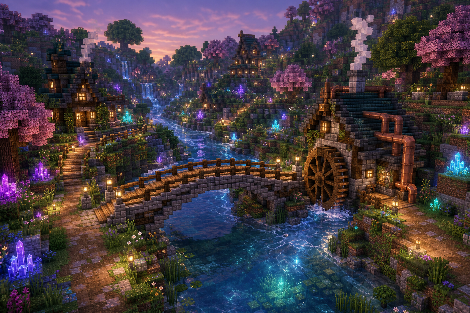 La Vallée Enchantée traversée par une rivière et un pont, éclairée de cristaux violets et de lanternes